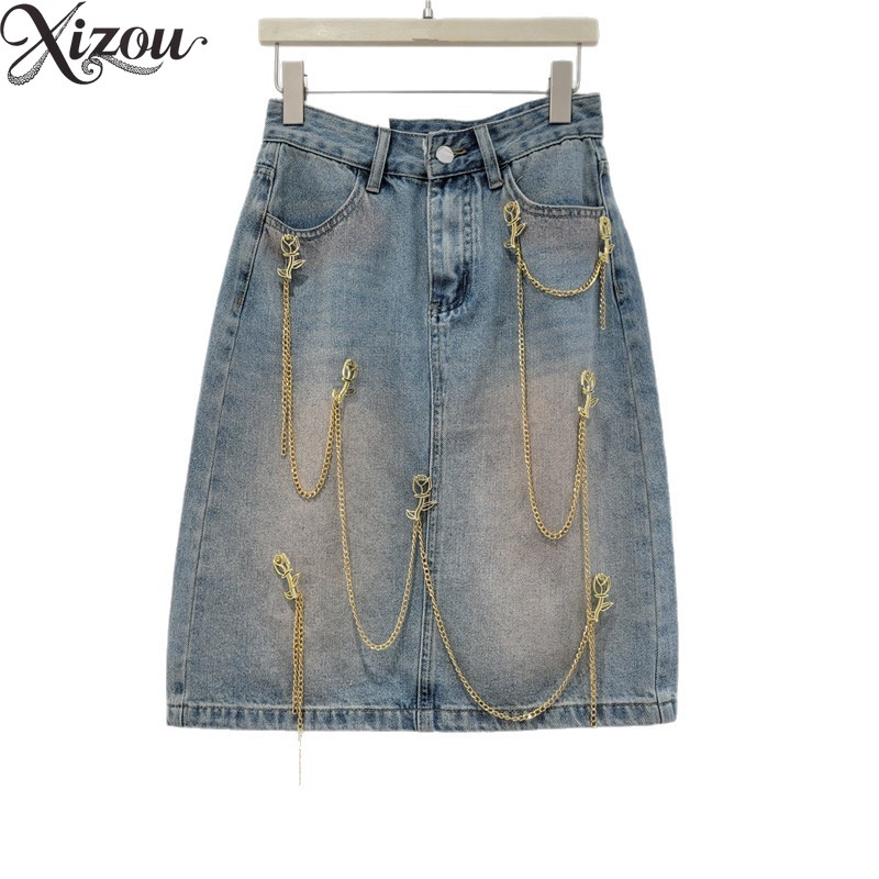 Denim Skirt Midi Vintage - Damska spódnica midi z denimu w