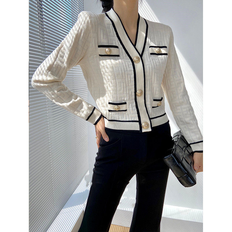 Crop Cardigan Vintage - Wiosna jesień nowy dekolt w serek