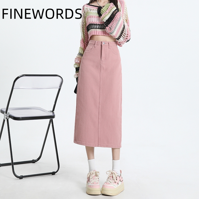 Denim Skirt Midi Vintage - FINEWORDS Vintage różowy Denim długie spódnice