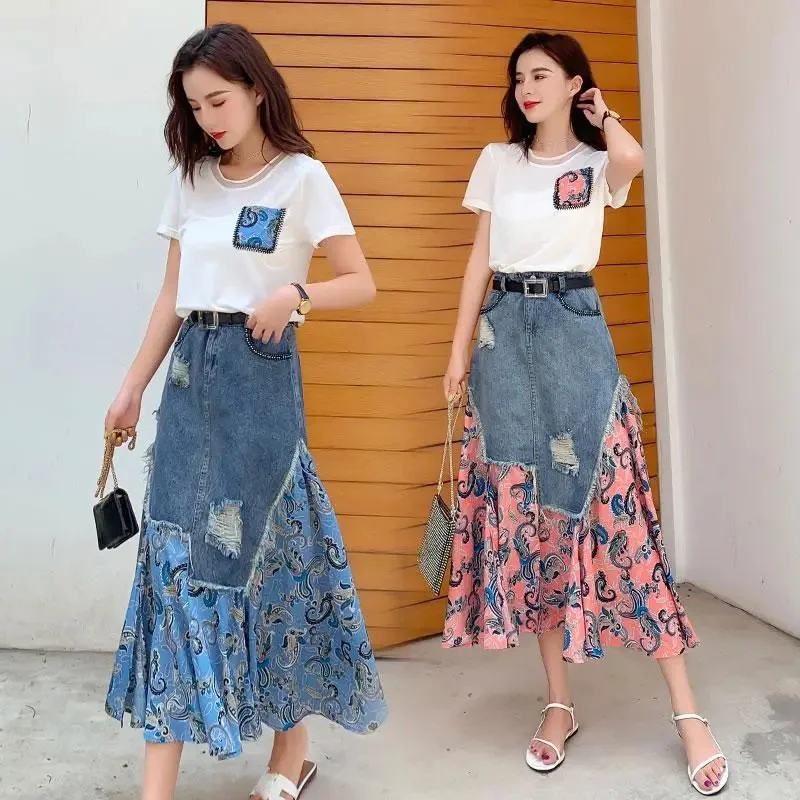 Denim Skirt Midi Vintage - Letnie długie spódnice z wysokim stanem