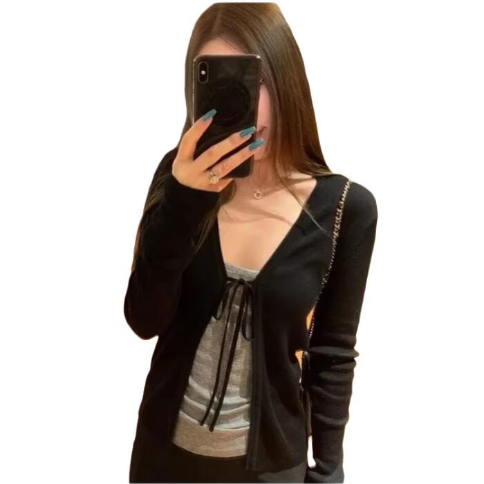 Crop Cardigan Vintage - Damski cienki kardigan z długim rękawem,