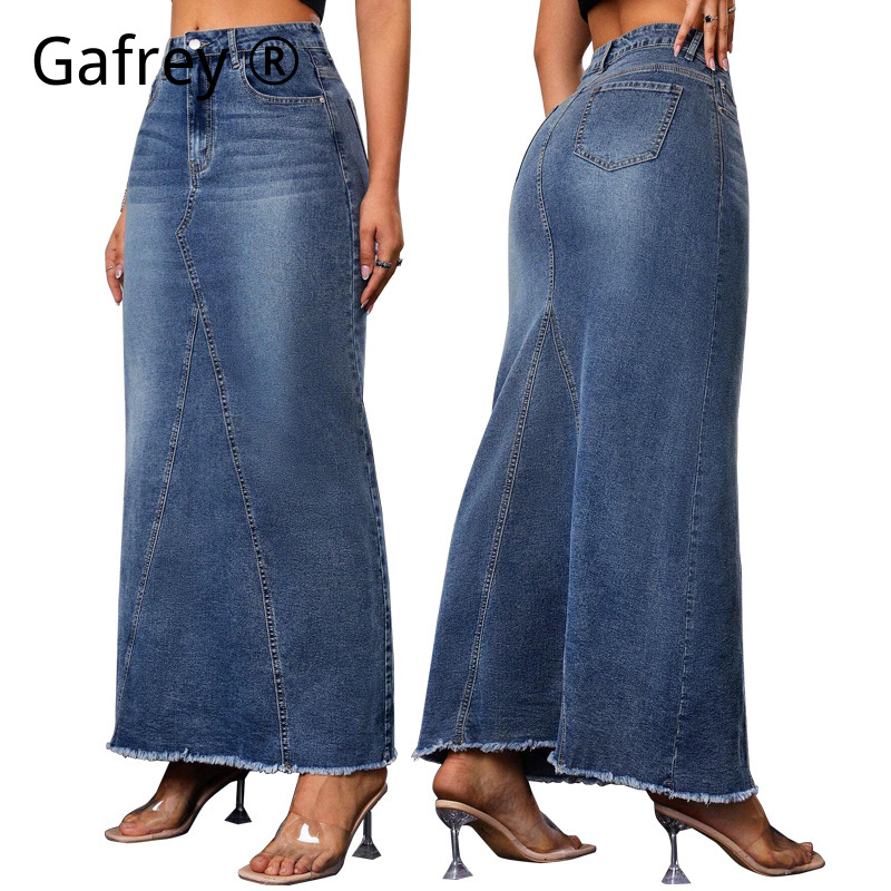 Denim Skirt Midi Vintage - Damska dżinsowa spódnica midi z wysokim