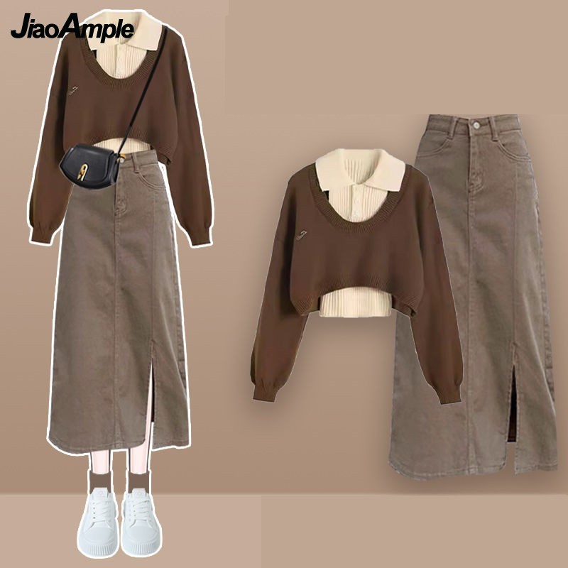 Denim Skirt Midi Vintage - Kobiety wiosna jesień nowy Vintage sweter