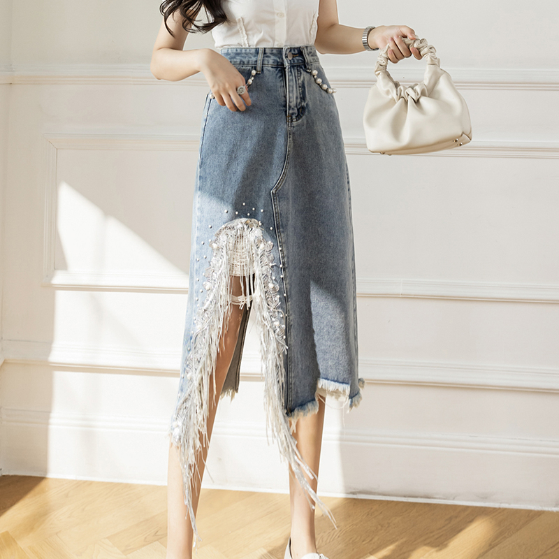 Denim Skirt Midi Vintage - Vintage S-5XL Split Pearl zroszony spódniczki