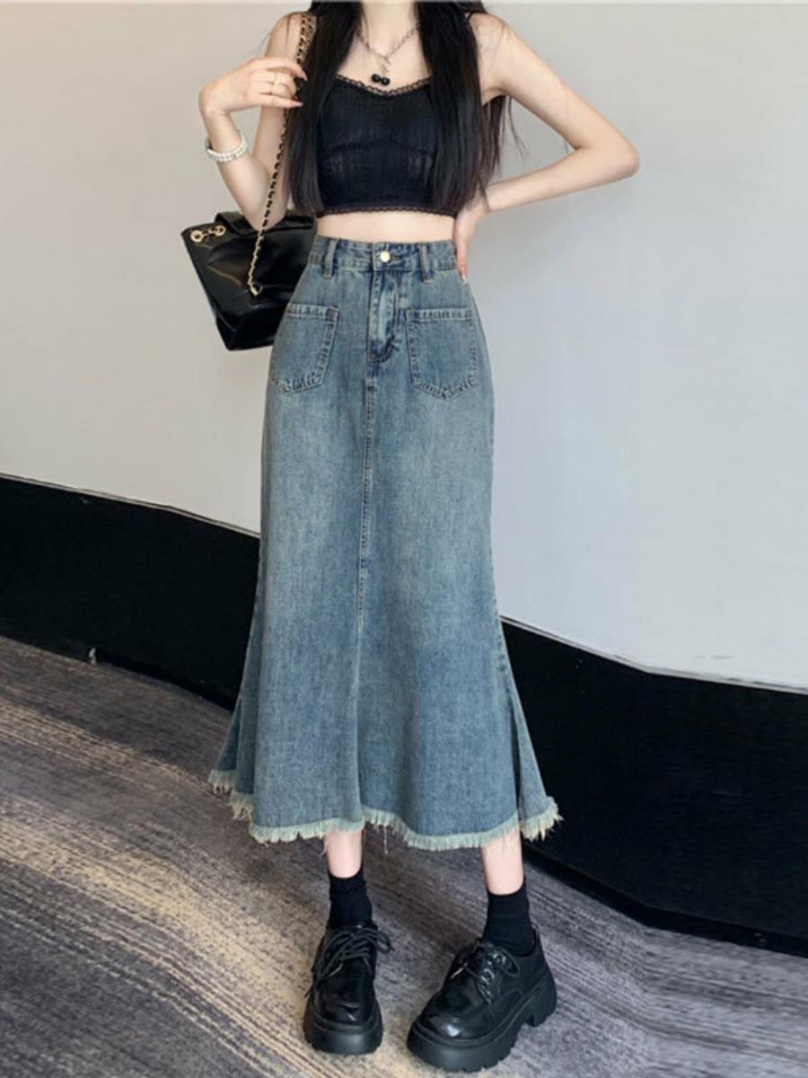 Denim Skirt Midi Vintage - Spódnica midi z wysokim stanem, o