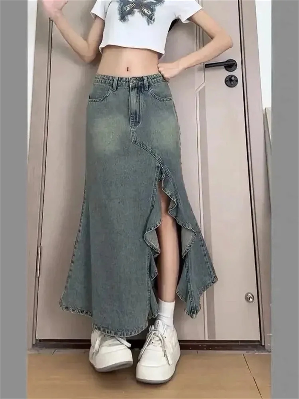 Denim Skirt Midi Vintage - Wiosenno-letnia koreańska spódnica jeansowa w stylu