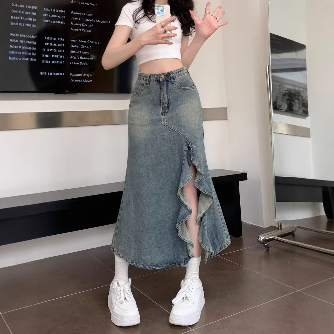 Denim Skirt Midi Vintage - Koreańska spódnica dżinsowa z wysokim stanem
