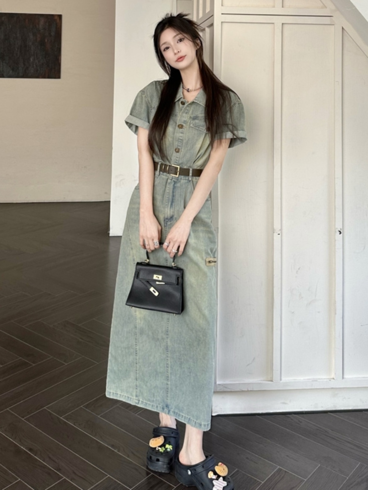 Denim Skirt Midi Vintage - Damska spódnica midi w stylu vintage,