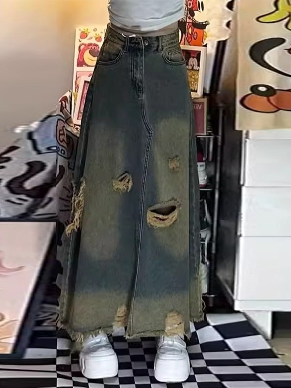 Denim Skirt Midi Vintage - Dżinsowa spódnica midi z wysokim stanem,