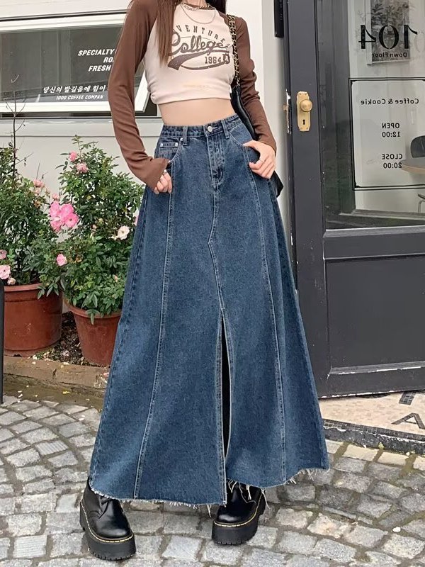 Denim Skirt Midi Vintage - Dżinsowa spódnica midi z wysokim stanem