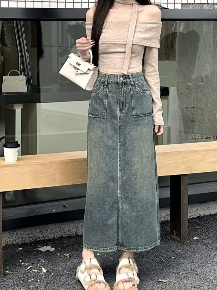 Denim Skirt Midi Vintage - Spódnica jeansowa midi z wysokim stanem,
