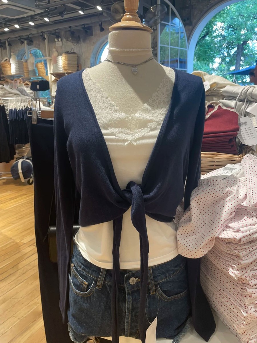 Nowy Granatowy Sznurowany Dzia – Crop Cardigan Vintage recenzja i cena