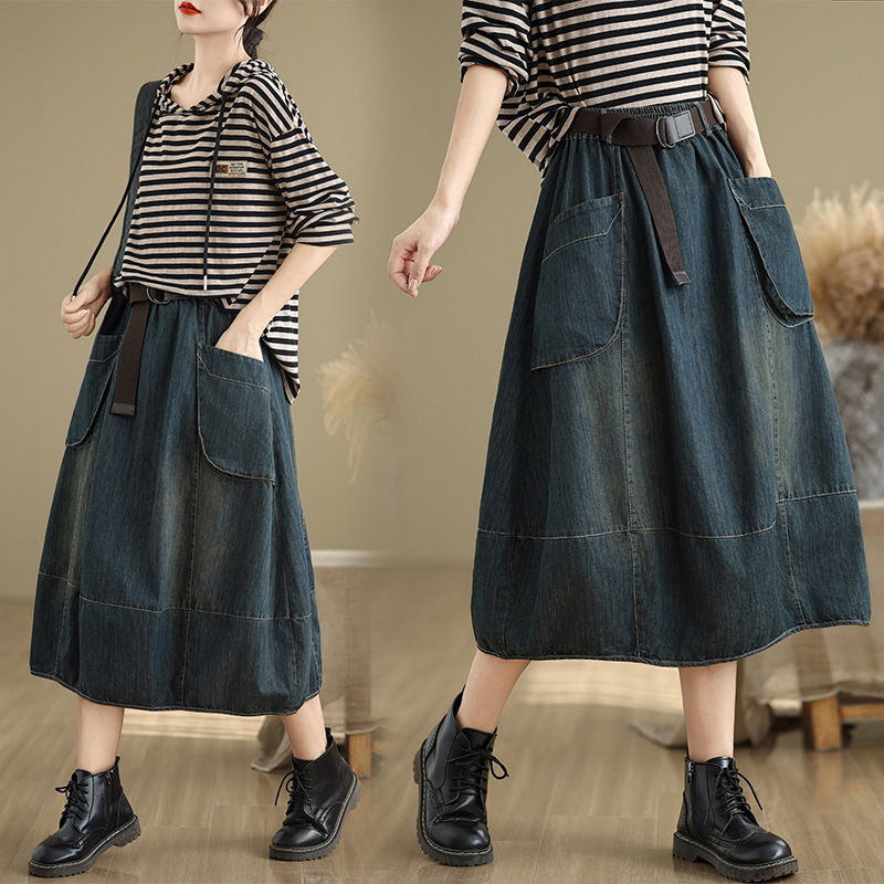 Duża dżinsowa spódnica z paski – Denim Skirt Midi Vintage recenzja i cena